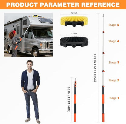 12FT/144inch Car Wash Brush with Long Handle Telescopic Pole Angle Adapter Car Cleaning Tool with 2 Pcs 12" Soft Bristle and Hard Bristle for Car Truck RV House Floor Window Glass Roof Pool