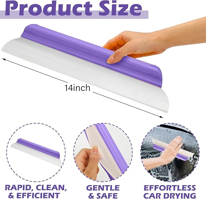 2 Pack 14 inch Car Drying Squeegee Longer Silicone Automotive Water Wiper Flexible Auto T-Bar Rubber Blade for Car Windshield Glass Window Bathroom Shower Squeegees Wash Tool (Purple)