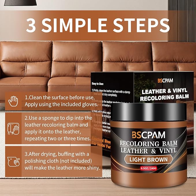 BSCPAM Light Brown Leather Recoloring Balm,Leather Couch Scratch/Stain Remover,Leather Repair kit for Vinyl Furniture and Car Interior,Leather Dye Paint for Scratched and Faded Leather Couches