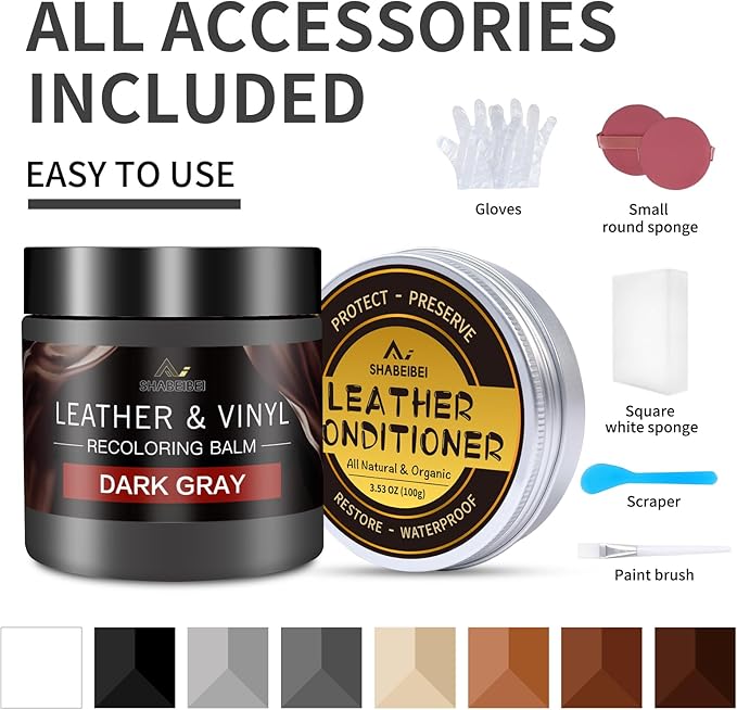 SHABEIBEI Leather Recoloring Balm with 100ml Mink Oil, Dark Gray Leather Repair Kit and Scratch Remover for Furniture, Car Seats, Sofas, Dye & Restorer for Couches, Vinyl, PU, Faux