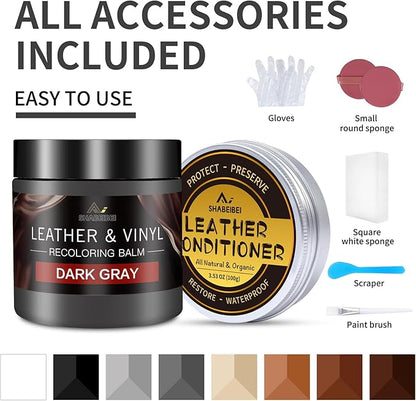 SHABEIBEI Leather Recoloring Balm with 100ml Mink Oil, Dark Gray Leather Repair Kit and Scratch Remover for Furniture, Car Seats, Sofas, Dye & Restorer for Couches, Vinyl, PU, Faux