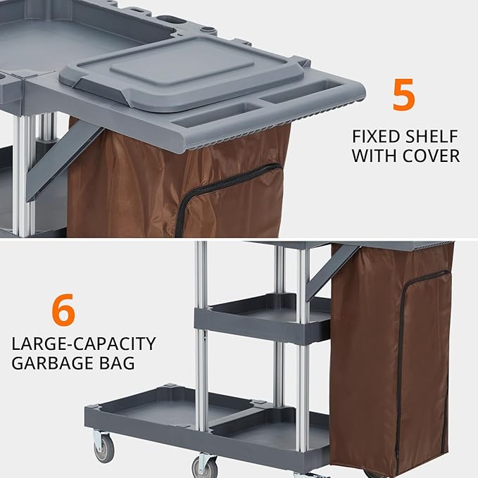 Commercial Janitorial Cart with Wheels, 3-Shelf Cleaning Trolley Cart with 16-Gallon Trash Bag, 220 Lbs Capacity Rolling Housekeeping Carts, Ideal for Hotel,School, Apartments