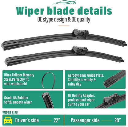 22" 20" 11" Windshield Wiper Blades Replacement for Jeep Renegade 2015 2016 2017 2018 2019 2020 2021 2022 2023 Premium All Weather Front Rear Wipers Set - OEM Quality (Pack of 3)