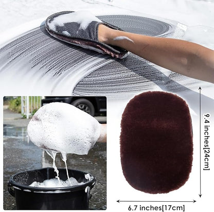 Car Wash Mitt - Ultra-Soft Mutton Glove for Car Wash Kit - Gentle, Scratch-Free Cleaning for Safe Car Detailing & Paint Protection | Car Accessories | White | 2PCS - Japan Import