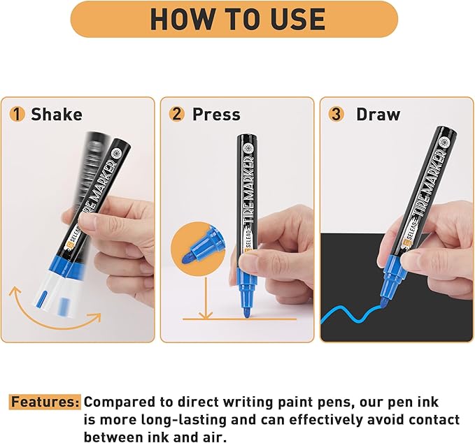 SELEAD Tire Marker White Red Yellow Blue - 8 Pack Paint Pens for Car Tires Lettering, Premium Professional Oil Based Waterproof Colored Permanent Markers