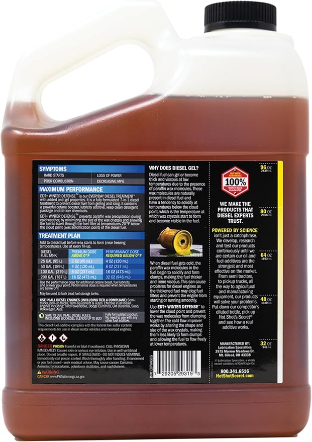 Hot Shot's Secret EDT+ Winter Defense, 7-in-1 Anti-Gel Diesel Fuel Additive – Prevents Gelling, Protects Diesel Fuel System, Diesel Additive Improves Cold Starts, Boosts Cetane, 1 Gallon