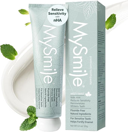 MySmile Fluoride Free Nano Hydroxyapatite Toothpaste for Sensitive Teeth, Strengthens Enamel, Remineralizes & Whitens Teeth, Freshens Breath for Adults, SLS Free, Natural Misty Mint, 4.2 oz