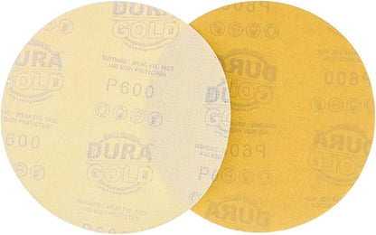 Dura-Gold Premium 600 Grit 6" Gold Sandpaper Discs, No Hole Pattern Dustless, Box of 50, Hook & Loop Backing for DA Sander, Finishing Coarse Sanding Abrasive Automotive Paint, Woodworking Wood, Metal