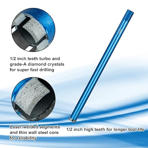 SALI Wet Diamond Core Drill Bits 1-1/2"/38mm Diameter, 15"/380mm Drilling Depth Concrete Core Drill Bit, 5/8-11" Thread Core Bit Turbo Laser-Welded Segments with Rebar, Brick, Block, Masonry, Stone