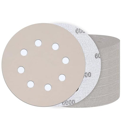 50PCS 5 Inch Hook and Loop Sanding Discs 6000 Grit, 8 Hole Wet Dry Orbital Sander Sand Paper, Silicon Carbide Sandpaper for Automotive Wood Metal Glass