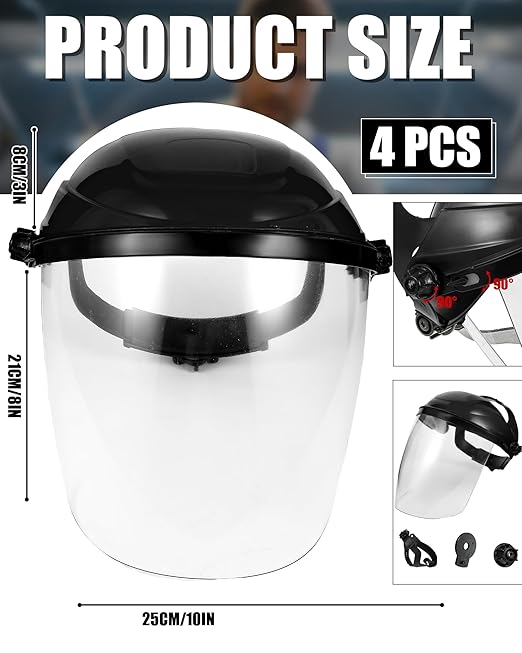 Tellegloww 4 Pcs Clear Safety Face Shield for Grinding & Cutting, Lightweight Full Impact Resistant with Adjustable Ratcheting Headgear Face Shield Mask for Work Chemical Woodworking Industrial, Black