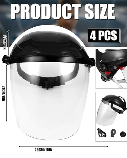 Tellegloww 4 Pcs Clear Safety Face Shield for Grinding & Cutting, Lightweight Full Impact Resistant with Adjustable Ratcheting Headgear Face Shield Mask for Work Chemical Woodworking Industrial, Black