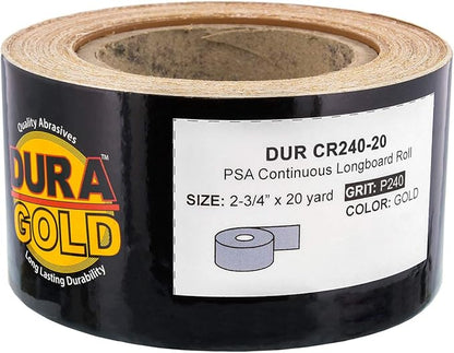 Dura-Gold Premium Gold 240 Grit PSA Longboard Sandpaper, 20 Yard Roll, 2-3/4" Wide, Self Adhesive Stickyback, Woodworking & Automotive Sandpaper Roll, Air File Sand Paper, Auto Sanding Blocks