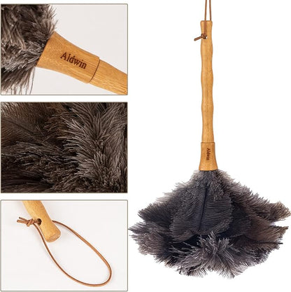 Aldwin Ostrich Feather Duster, 16 inch Ostrich Feather Duster with Wood Handle Reusable, Fluffy Natural Genuine Handheld Feather Duster for Cleaning Supplies, Home, Car, Office