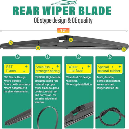 26" 14" 12" Windshield Wiper Blades Replacement for Toyota Yaris 2007 2008 2009 2010 2011 Yaris Hatchback Premium All Weather Front Rear Wipers Set - OEM Quality (Pack of 3)