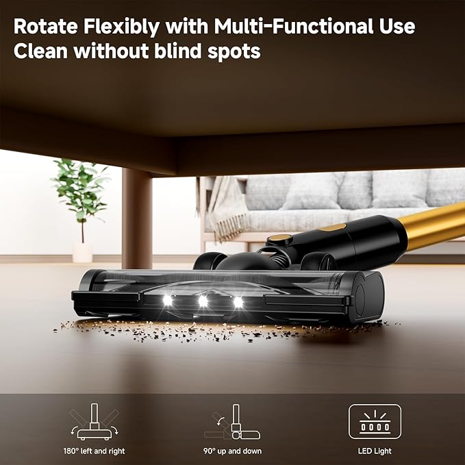 Vaconly Cordless Vacuum Cleaner, 8 in 1 40Kpa 55Mins,Lightweight Vacuum Cleaners for Home, Stick Vacuum with Anti-Tangle Brush,Wall Mount, Rechargeable Cordless Vacuum for Floor/Sofa/Pet Hair,Gold