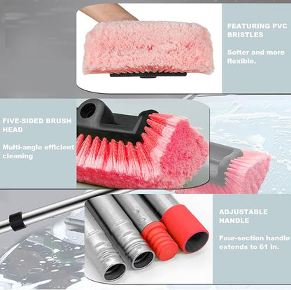 Car Wash Brush with Long Handle – Five-Sided Soft Bristle Brush for Car, Truck, SUV, RV, Boat & House Siding Cleaning(Red)