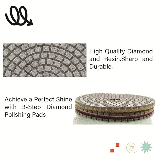 ComeFloor 4 Inch Wet/Dry 3 Step Diamond Polishing Pads for Granite Marble Concrete Stone, Step 1-3 Hook and Loop Backing