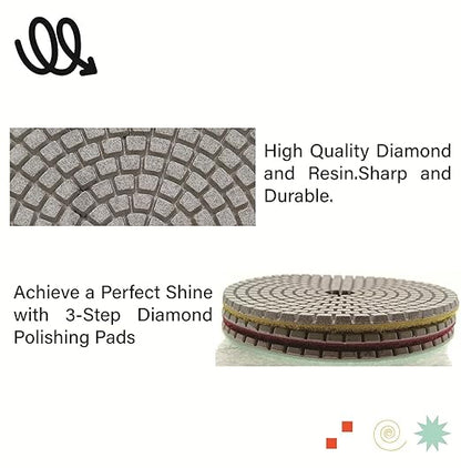 ComeFloor 4 Inch Wet/Dry 3 Step Diamond Polishing Pads for Granite Marble Concrete Stone, Step 1-3 Hook and Loop Backing