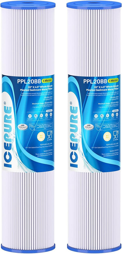 ICEPURE 20" x 4.5" Whole House Pleated Sediment Filter for Well Water,Remove Rust,Chlorine, Replacement Cartridge for ECP5-BB, AP810-2, HDC3001, SPC-45-1005, CP5-BB, ECP1-20BB, S1-20BB,R30-20BB,2Pack