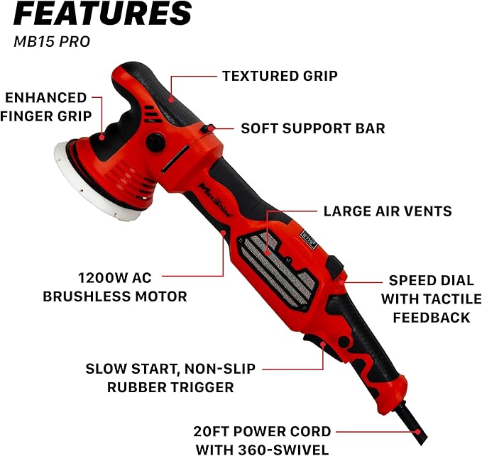 Maxshine MB15 Pro Brushless DA Polisher | 15mm Throw, 5” Plate, 1200W Motor, 6-Speed, 5/16”-24 Thread | Auto, Boat & Marine Detailing Tool for Paint Correction, Swirl & Scratch Removal