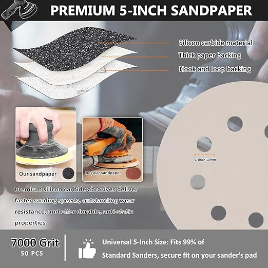 50PCS 5 Inch Hook and Loop Sanding Discs 7000 Grit, 8 Hole Wet Dry Orbital Sander Sand Paper, Silicon Carbide Sandpaper for Automotive Wood Metal Glass