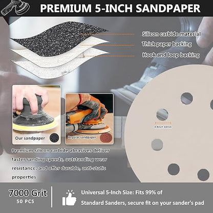 50PCS 5 Inch Hook and Loop Sanding Discs 7000 Grit, 8 Hole Wet Dry Orbital Sander Sand Paper, Silicon Carbide Sandpaper for Automotive Wood Metal Glass