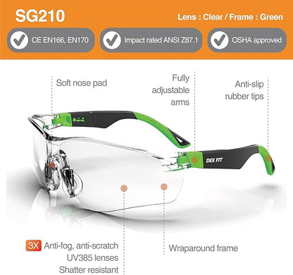 DEX FIT Safety Glasses SG210, Z87 Eye Protection, 3X Anti-Fog & Scratch Resistant, Adjustable for Women and Men, UV Protection (Black & Green Frame, Clear Lens)