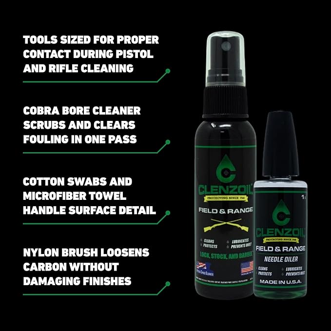 CLENZOIL Field & Range Pistol & Rifle Essentials Gun Cleaning Kit | CLP Spray & Oiler with Bore Cleaner | Clean, Lubricate & Protect | Nylon Brush, Bore Swabs & Microfiber