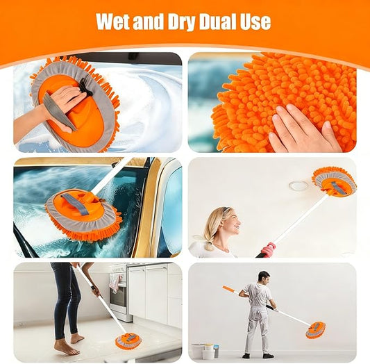 62" Car Wash Brush with Long Handle Car Cleaning Brush Kit Car Cleaning Supplies Kit Car Washing Duster Tools Accessories, 1 Chenille Scratch-Free Replacement Head Aluminum Alloy Pole (Orange)