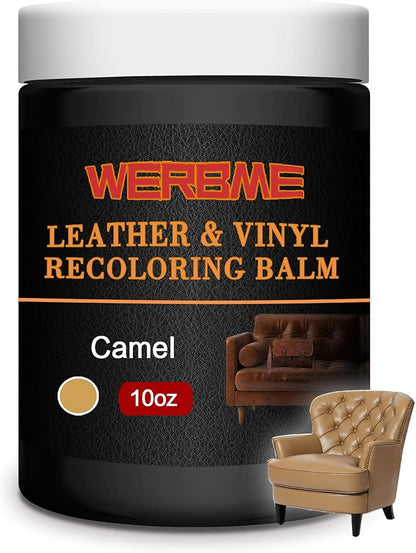 WERBME Leather Recoloring Balm & Color Restorer - 10OZ Multipurpose Dye & Paint for Faded Leather Couches, Car Seats, Shoes | Fix Scratches on Clothing, Furniture & Accessories(Camel)