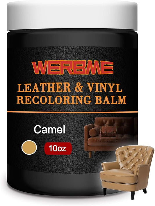 WERBME Leather Recoloring Balm & Color Restorer - 10OZ Multipurpose Dye & Paint for Faded Leather Couches, Car Seats, Shoes | Fix Scratches on Clothing, Furniture & Accessories(Camel)