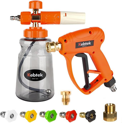 Kebtek Short Pressure Washer Gun with Foam Cannon 5200 PSI, 1/4” Quick Connect Snow Foam Lance for Car Washing Heavy Duty Brass with 5PCS Nozzle Tips and M22-15mm Connector