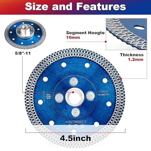 ZERICHIVE 4.5" Tile Blade,Super Thin Diamond Porcelain Blade with Flange for Cutting Porcelain Tile Stone