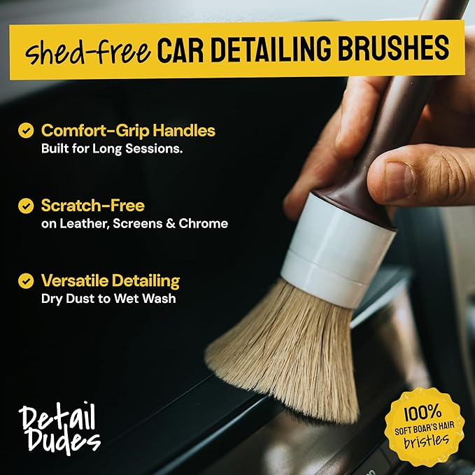 Boar Hair Detailing Brush Set - 9-Pack - Includes Wheel, Tire Brush & Tire Dressing Applicator - Soft Boar Hair Bristles - Scratch-Free Car Wash - Crevice Tools for Vents & Emblems
