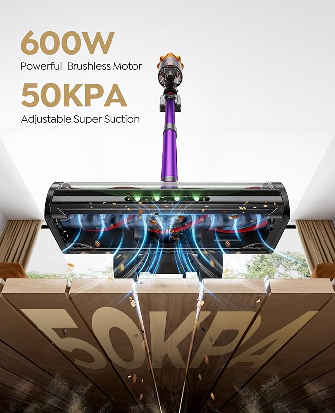 ozeeco Cordless Vacuum Cleaner, 600W/50KPA/65Mins Vacuum Cleaners for Home, Self-Standing Stick Vacuum with Wall Mount Charging and Auto Mode, Handheld Vacuum for Pet Hair/Carpet/Floor