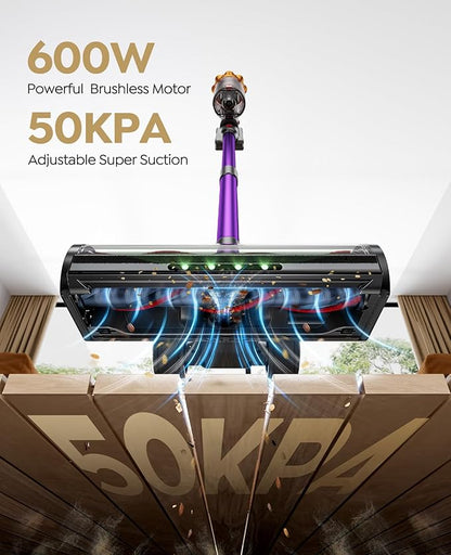 ozeeco Cordless Vacuum Cleaner, 600W/50KPA/65Mins Vacuum Cleaners for Home, Self-Standing Stick Vacuum with Wall Mount Charging and Auto Mode, Handheld Vacuum for Pet Hair/Carpet/Floor