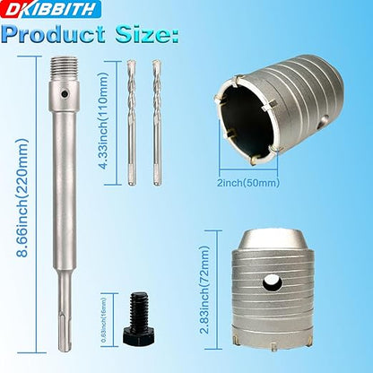 2" Concrete Hole Saw, 50mm Tungsten Steel Core Bit for Cinder Block, Brick, Rock, Plank Walls for Pipes or mini Split Lines, with SDS Plus Shank and 2 Center Positioning Drill Bits.