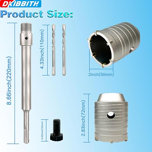 2" Concrete Hole Saw, 50mm Tungsten Steel Core Bit for Cinder Block, Brick, Rock, Plank Walls for Pipes or mini Split Lines, with SDS Plus Shank and 2 Center Positioning Drill Bits.