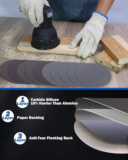 50PCS 6 Inch Wet Dry Sanding Paper Discs Hook and Loop, 6 Hole 120 to 1000 2000 3000 Grit Sandpaper for DA Random Orbital Sander, Silicon Carbide Fine Sandpaper Assortment for Car Wood Metal Polishing