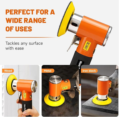 NuoDunco 1/2/3 Inch Mini Random Orbital Air Sander Kit Industrial Grade Pneumatic Sander for Auto Body Work with 60 Pcs 1"2"3" Hook & Loop Sanding Discs for Metal & Woodworking