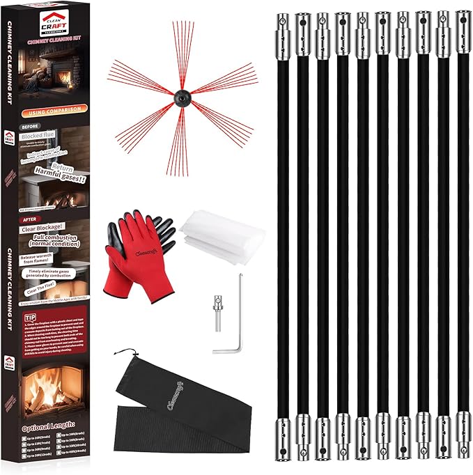 Cleancraft 33 Feet Chimney Sweep Kit, Chimney Cleaning Kit with 10 Flexible Black Chimney Rods, Chimney Brush for Sweeping Fireplace, Rotary Chimney Cleaning System Driven by Drill