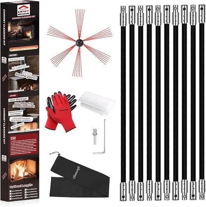Cleancraft 33 Feet Chimney Sweep Kit, Chimney Cleaning Kit with 10 Flexible Black Chimney Rods, Chimney Brush for Sweeping Fireplace, Rotary Chimney Cleaning System Driven by Drill