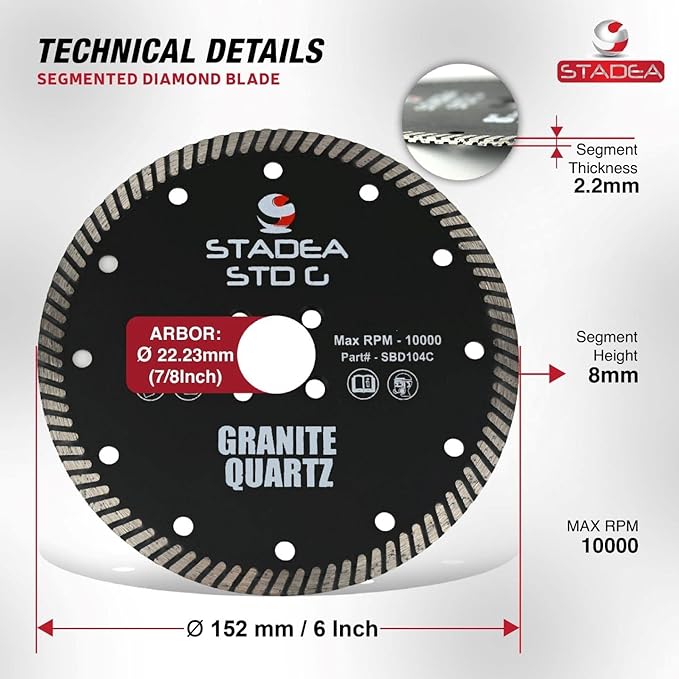 Stadea SBD104C Diamond Saw Blade 6-Inch Continuous Turbo Dry Cutting - Cuts Granite Quartz Quartzite, Fits Grinder, Saw Cutter, 8 MM Segments - Pack of 1