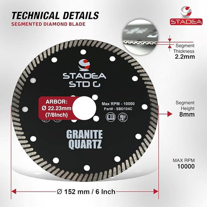 Stadea SBD104C Diamond Saw Blade 6-Inch Continuous Turbo Dry Cutting - Cuts Granite Quartz Quartzite, Fits Grinder, Saw Cutter, 8 MM Segments - Pack of 1