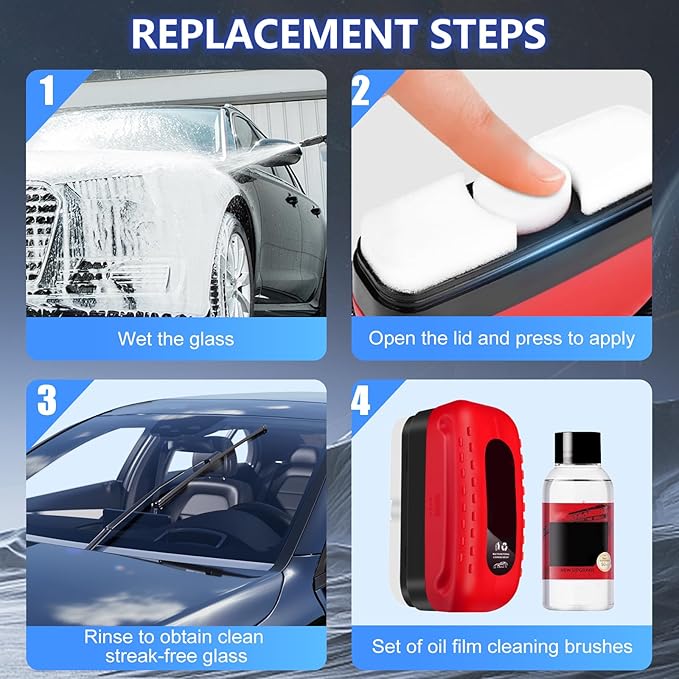 Auiepet Car Glass Oil Film Cleaner, 2026 Upgraded Automotive Oil Film Cleaning Brush for Car Windows, Cars Window Glasses Cleaning Boar with Extra Cleaner, Universal Anti-Rain Fog Glass Brush (1)