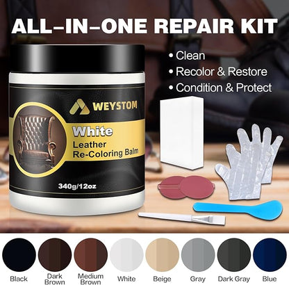 WEYSTOM Leather Recoloring Balm, 12oz Large Size Leather Dye, Color Restorer, Scratch Repair, Furniture & Couch Restorer Kit, Repair Kit for Furniture(White)