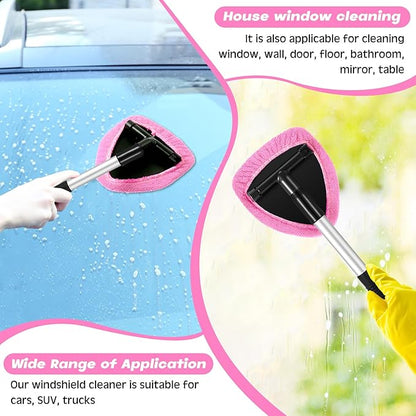 Baderke 10 Pcs Windshield Cleaner Tool Car Window Cleaning Supplies with Extendable Handle Include 6 Washable Microfiber Bonnets 2 Empty 60ml Spray Bottle Glass Wiper Kit(Pink)