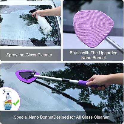 XINDELL Windshield Cleaner Tool – 24-inch Pink Car Interior&Exterior Window Cleaning Kit with Extendable Handle & 4 Microfiber Pads, Auto Wiper Brush for Car, Trucks, SUVs, RVs & Home -Gift for Women