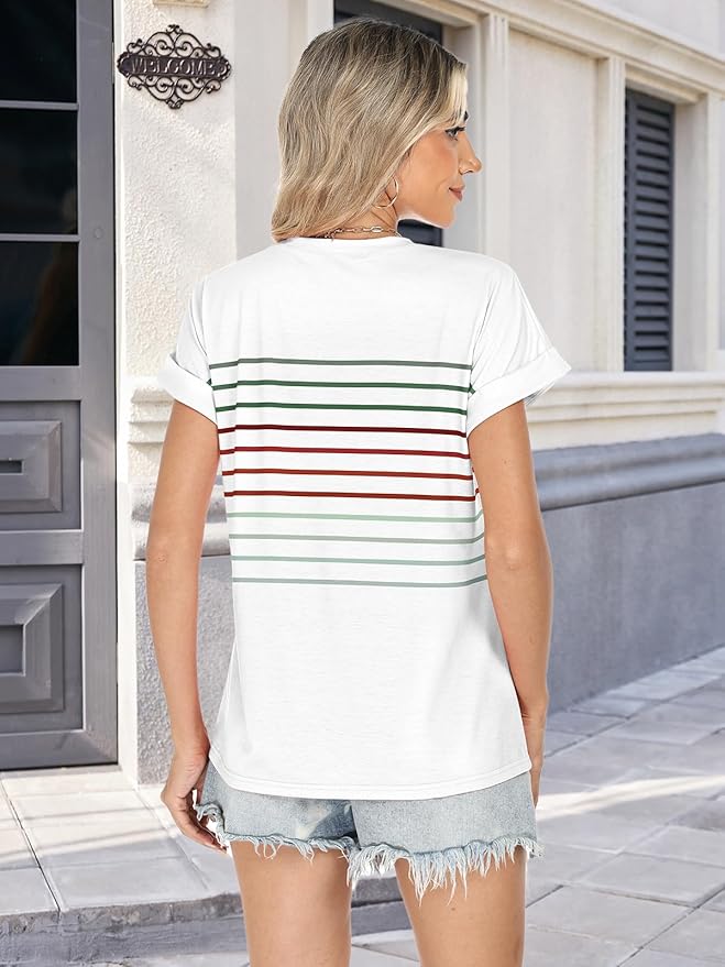 Womens Summer Tops Short Dolman Sleeve Crew Neck Striped Shirts Spring 2026 Fashion Beach Vacation Clothing